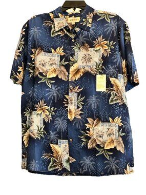 Campia Moda Men's Large Blue Tropical Print Button-Up Shirt Rayon Hawaiian